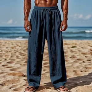 Men's loose linen casual pants in navy blue, breathable beach trousers for summer.