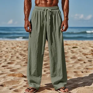 Men's casual loose fit linen beach trousers with drawstring waist in sage green