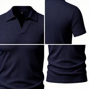 Detalle de primer plano de la textura acanalada azul marino en polo de hombre manga corta