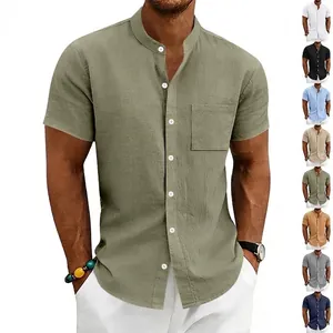 Herren Sommer Leinenmischung Kurzarm Hemd Vintage Stehkragen Casual Einfach Einfarbig Strickjacke Top Mit Tasche