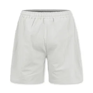 Detailed view of men's casual linen shorts featuring an elastic waist and textured fabric.