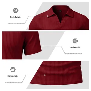 Vista detallada de la textura acanalada y el cuello del polo para hombre rojo vino