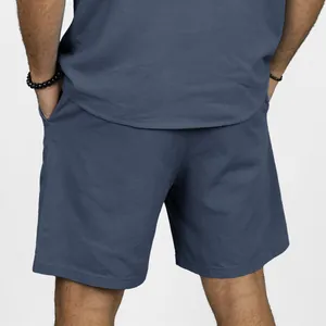 Detailed back view of navy blue men's casual linen shorts with a comfortable relaxed fit