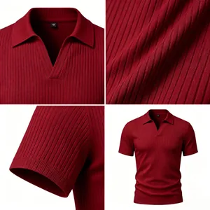 Vista detallada de polo rojo para hombre con textura de jacquard acanalado vertical.