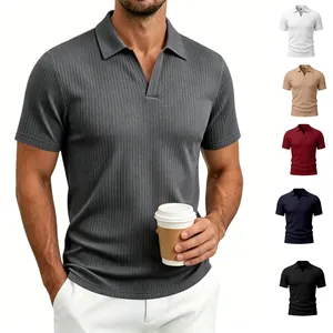 Polo Casual de Negocios para Hombre Manga Corta Jacquard Texturizado Cuello en V Solapa Ajuste Slim Verano Top