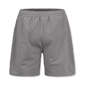 Back view of men's casual grey linen shorts with a comfortable elastic waistband design