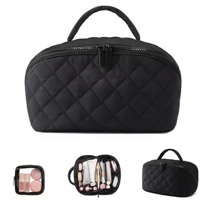 Quilted cosmetic bag detail showing large capacity, multiple compartments, and travel portable design.