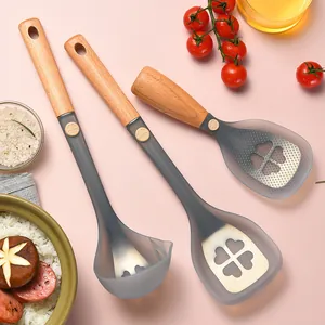 Silicone Cooking Utensils Set with Wooden Handle Heat Resistant Non-Stick Spatula Soup Spoon Rice Paddle Slotted Turner Kitchen Tools
