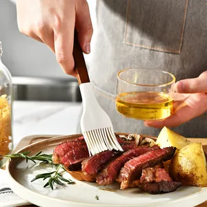 Professional silicone basting oil brush with wooden handle for grilling and kitchen cooking