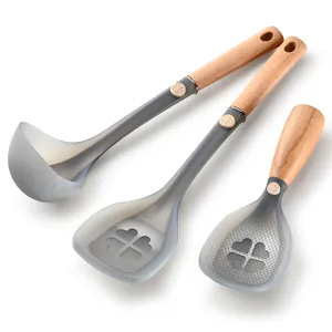 3pcs grey silicone cooking utensil set with wooden handles and clover design