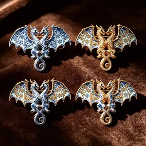 Close-up view of four exquisite enamel double-headed dragon brooches with porcelain patterns.