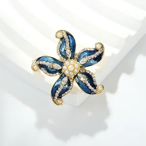 Vintage Starfish Brooch For Women Alloy Inlaid Blue Enamel Rhinestone Artificial Pearl Marine Style Lapel Pin Jewelry Accessory
