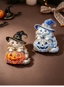 Περίτεχνες καρφίτσες Halloween με γάτα και κολοκύθα, με λαμπερές λεπτομέρειες στρας.