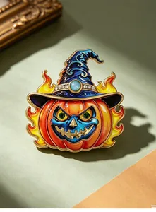 Vista detallada del broche de calabaza de Halloween con esmalte y pedrería fina