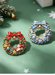 Detailed view of colorful Christmas wreath brooches with snowman and bell motifs