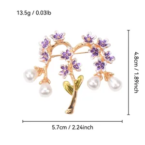 Dimensions of a vintage gold floral branch brooch with elegant purple flowers and pearls