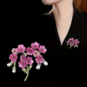 Elegant vintage floral branch brooch with pink flowers and white pearl pendants for suits