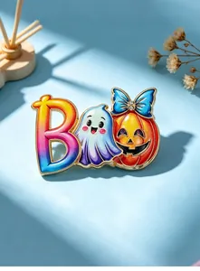 Detailed view of a colorful Halloween BOO enamel pin featuring a ghost and pumpkin
