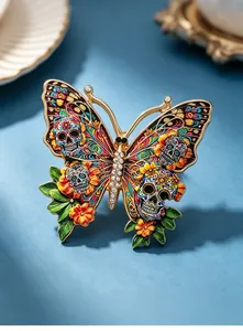 Detailed close-up of a colorful Day of the Dead butterfly brooch with skull motifs