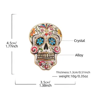 Colorful Mexican sugar skull brooch with rhinestones for Halloween party costumes.
