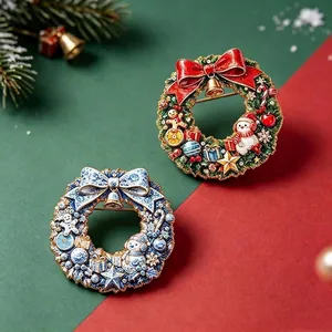 Christmas Wreath Brooch Pin With Snowman Bell Bowknot Zinc Alloy Rhinestone Enameled Festive Breastpin For Party Women Men Gift