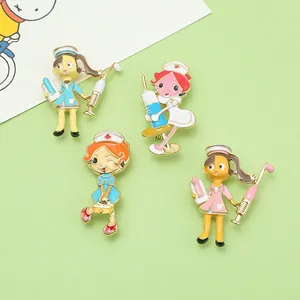 Detail view of colorful cartoon nurse enamel pins with medical theme accessories