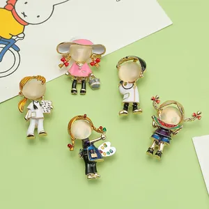 Detailed view of five colorful cartoon enamel brooches with profession themes