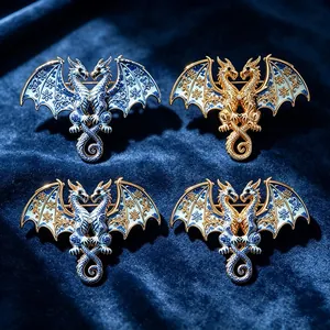 Detailed view of enamel double dragon brooches with blue and white porcelain patterns.