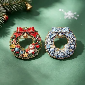 Exquisite Christmas wreath brooches featuring snowman and bell motifs for holiday parties