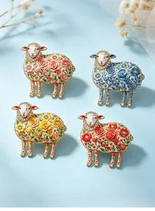Close-up detail showing four vintage sheep brooches with colorful floral enamel patterns.
