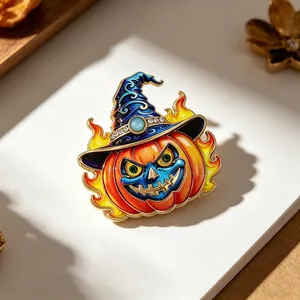 Broche de calabaza de Halloween con sombrero de mago y llamas, joyería de esmalte para fiestas.