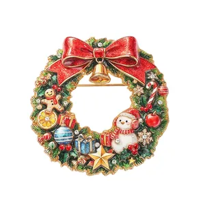 Exquisite Christmas wreath brooch with snowman, bell, and gingerbread man details