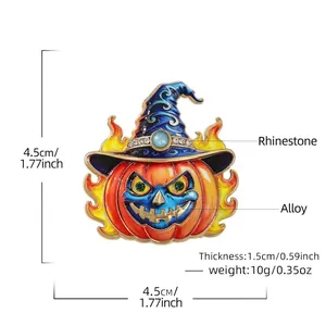 Broche de calabaza con sombrero de mago de Halloween con pedrería