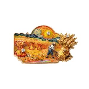 Spilla d'arte Van Gogh Campo di grano con rilievo dorato e accenti di cristallo decorativo