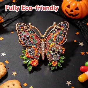 Halloween Creative Butterfly Brooch For Women Zinc Alloy Rhinestone Skull Pattern Day Of The Dead Vintage Enamel Jewelry