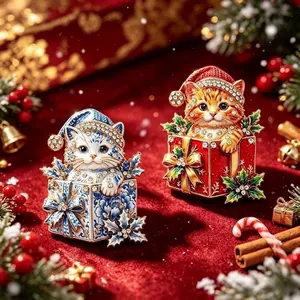 Spilla Vintage a Forma di Gatto in Scatola Regalo di Natale in Lega di Smalto con Strass Gioielli Accessori Festivi Regalo