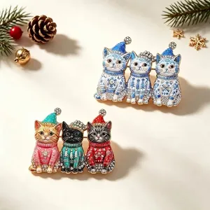 Weihnachten Katze Brosche Pin Set Zinklegierung Strass Niedliche Tier Emaille Nadeln Für Damen Herren Xmas Geschenk Schmuck