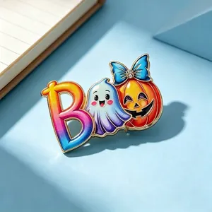 Halloween ghost and pumpkin brooch pin with gradient letter B design