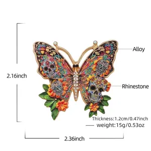 Colorful Halloween skull butterfly brooch with dimensions and weight info