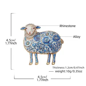 Vintage Enamel Sheep Floral Brooch Pin Alloy Rhinestone Cute Animal Breastpin For Women Easter Gift Clothing Accessory