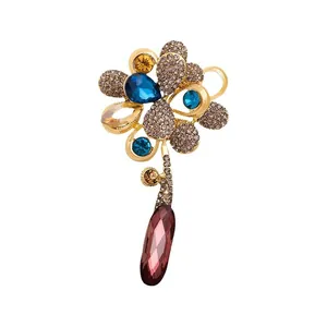 Elegant floral rhinestone brooch with teardrop crystal drop for elegant suits and coats