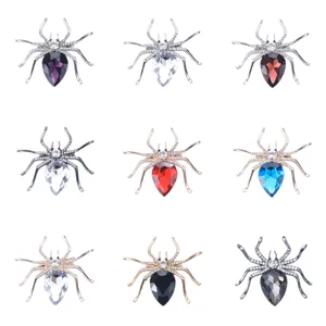 Collection of nine creative rhinestone spider brooches in multiple colors for Halloween gifts