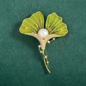 Classical Chinese Style Ginkgo Leaf Enamel Brooch With Artificial Pearl Rhinestone Inlay Cheongsam Pin Accessory For Women