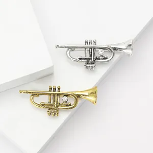 Retro Alloy Trumpet Brooch Pin Musical Instrument Design Rhinestone Inlay Suit Lapel Pin for Women Music Lover Gift