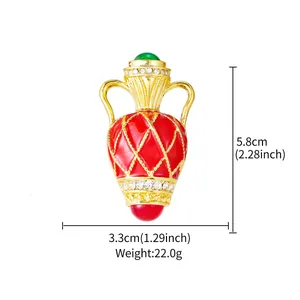 Detailed product view of a vintage red enamel vase brooch with size and weight specs