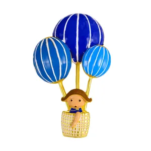 Cute enamel cartoon girl in blue hot air balloon brooch pin accessory for clothes