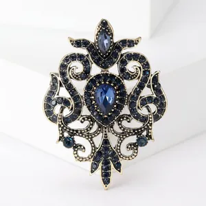 Close-up of vintage Baroque brooch with blue rhinestones and intricate openwork