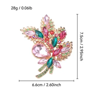 Detailed macro view of colorful crystal bouquet brooch showing 7.5cm x 6.6cm dimensions