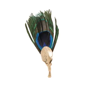 Luxury natural peacock feather brooch with golden leaf pin for suits and coats