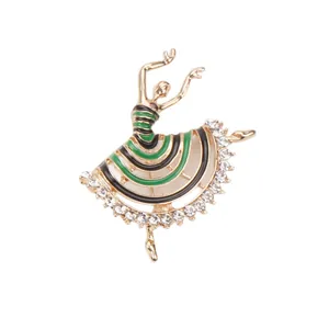 Elegant ballerina dancer brooch with green enamel and sparkling rhinestones for women